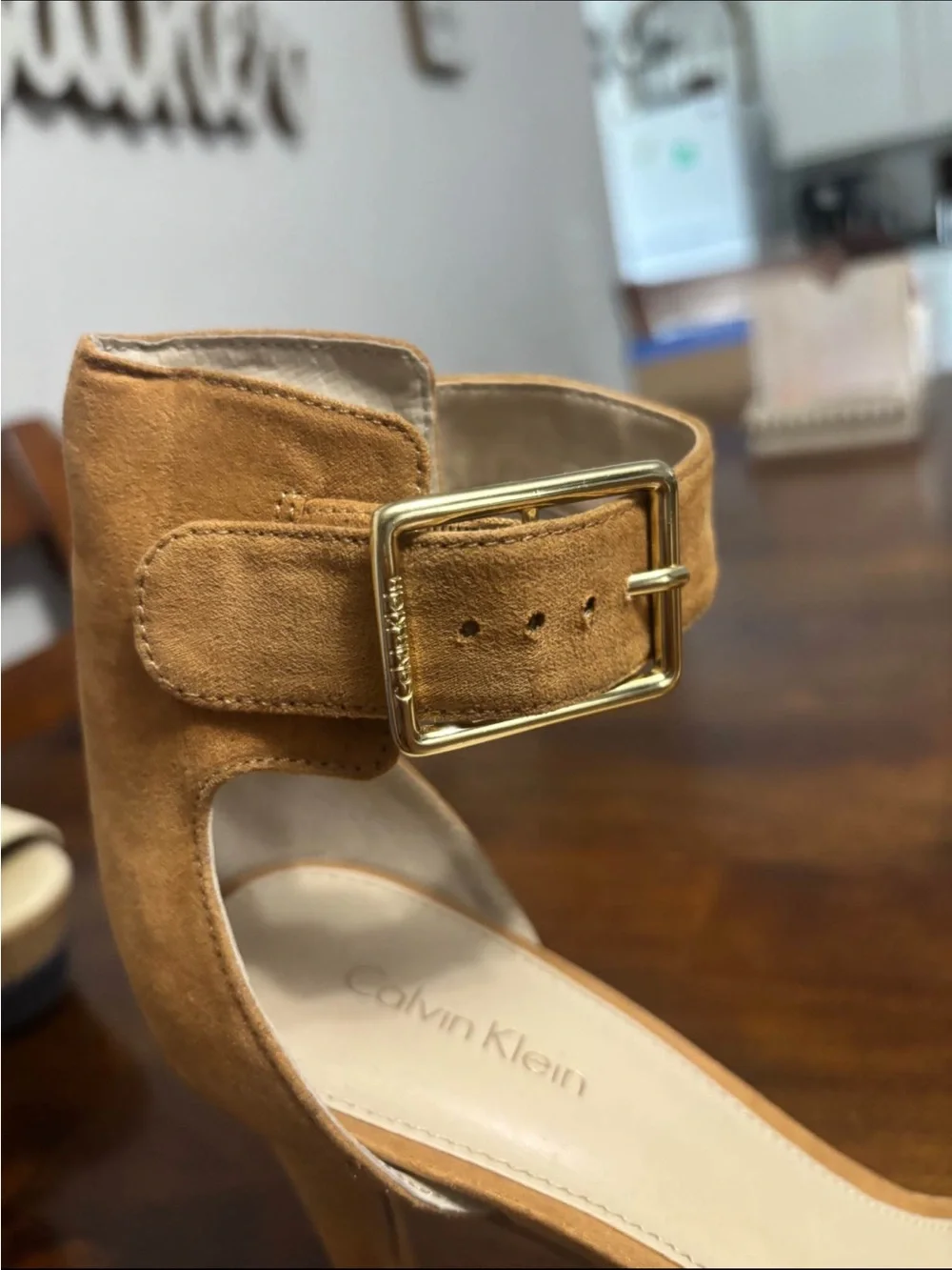 Calvin Klein Cognac Suede Ankle-Strap Open-Toe Heels